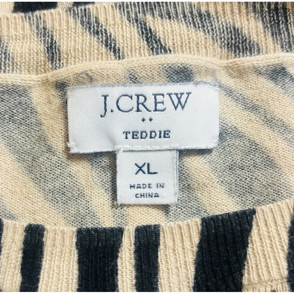 J. Crew Teddie Sweater Womens XL Black Tan Animal Print Lightweight Cotton